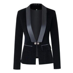 Black Velvet Blazer V-Neck Suit with Satin Collar Slim Suit